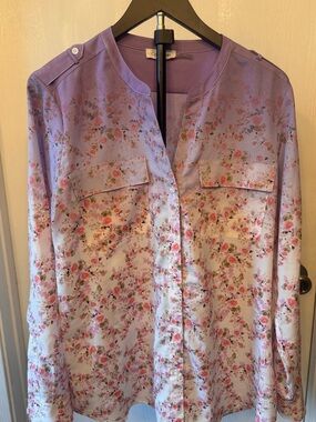 Calvin Klein Floral Button Front Blouse Lavender Pink Size Large